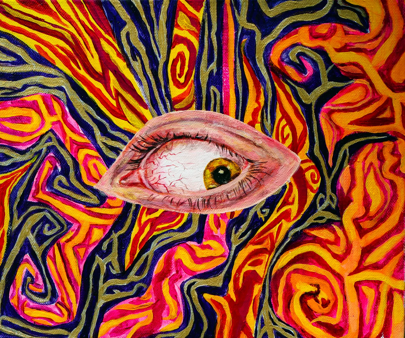 Paranoia, a wide eye in a storm of orange and violet lines